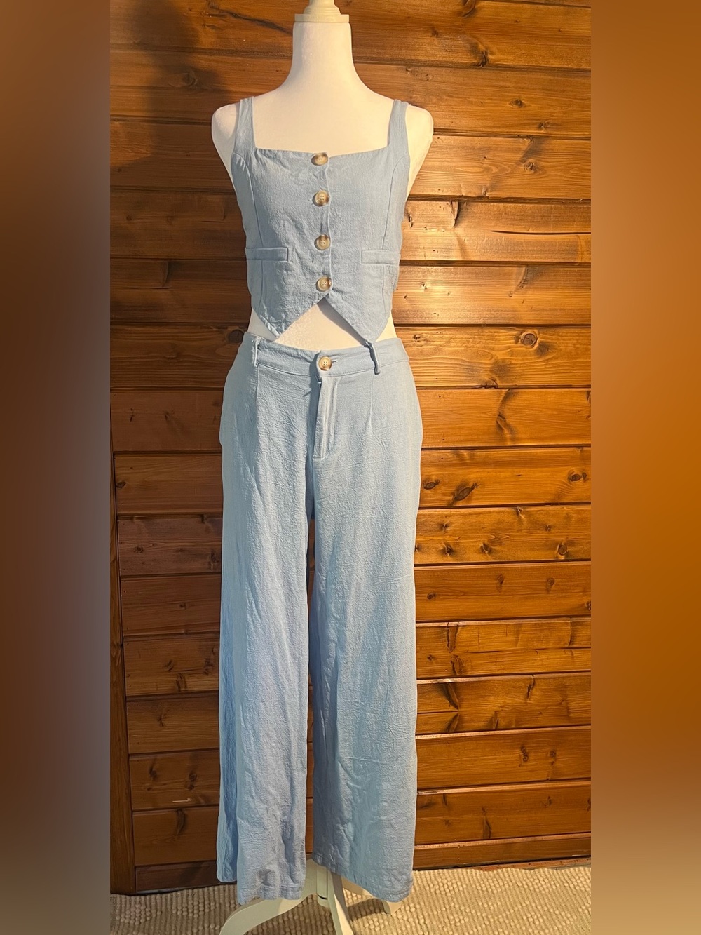 Light Blue Two-Piece Set — Cropped Button Vest & Wide Leg Pants